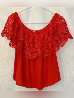 Love J Red Lace Off Shoulder Blouse Short Sleeve Rayon Top Women’s Large